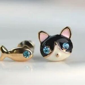 Gold Plated & Black Enamel Cat and Fish w/ Blue Sapphire Accented Eyes Earrings